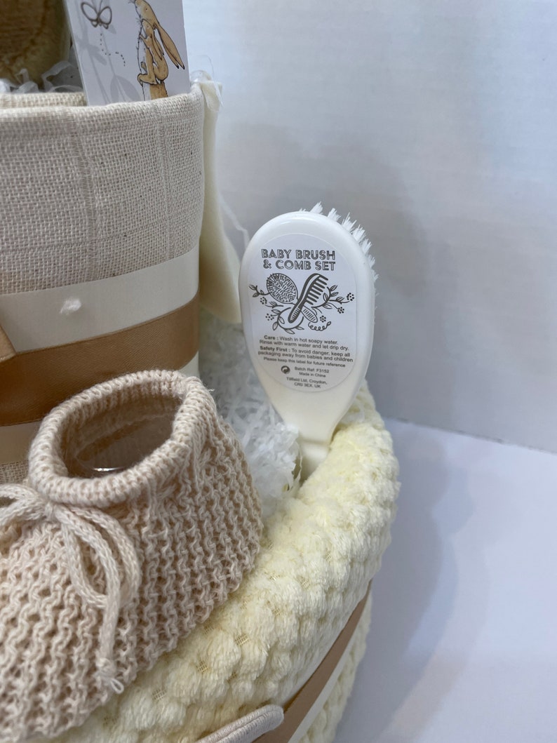 Neutral Nappy Cake, baby shower gift, unisex nappy cake, cream baby gift, nutbrown hare, Easter rabbit gift, new baby gift image 3