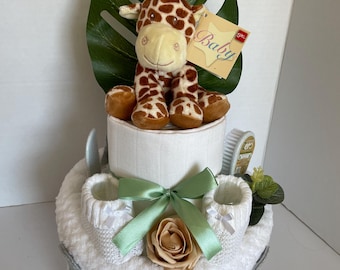 Safari Giraffe Nappy Cake, Boho Baby Shower Gift Hamper