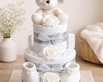 White Nappy Cake, Baby Hamper, Maternity Leave Gift, Newborn Present