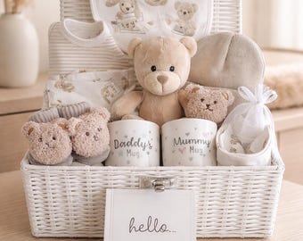 New Baby Gift Hamper, Teddy Bear, Baby Clothes, Mummy Daddy Mugs