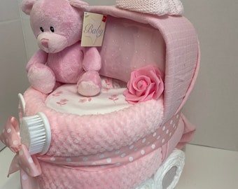 Nappy Cake Pram, baby girl hamper, pink baby shower, new baby gift, nappy cake gift