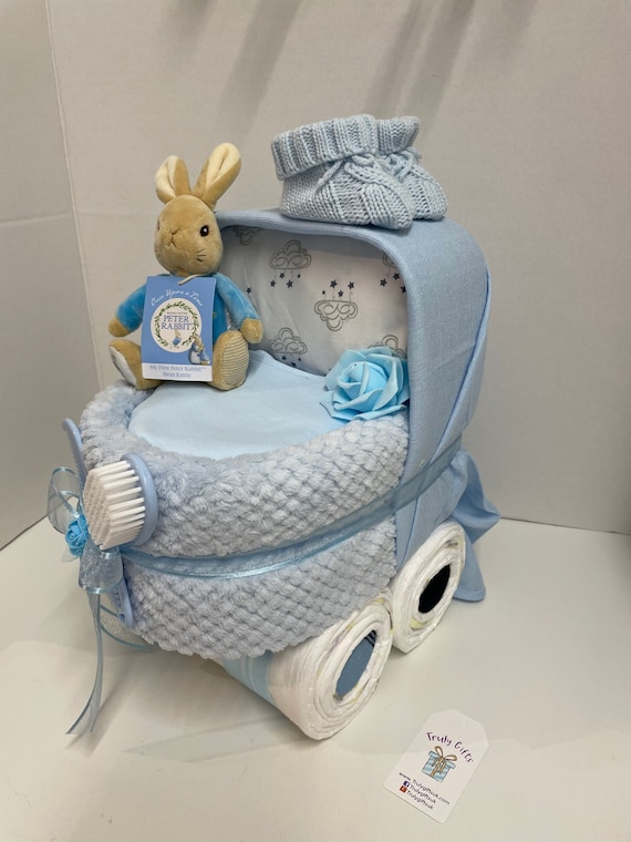 Peter Rabbit Nappy Cake Pram Baby Gift Hamper Blue Baby Shower