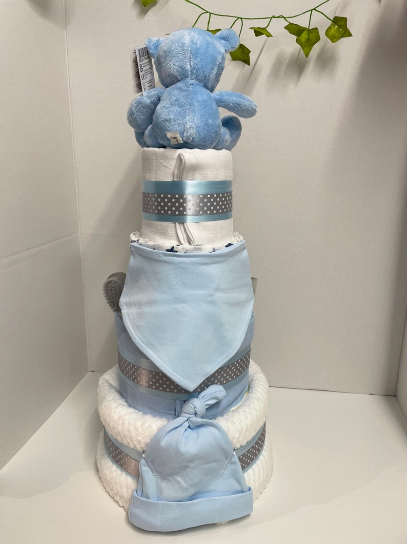 baby boy nappy cake, blue baby shower gift, new baby gift hamper, gift for new mum, newborn hamper, pregnancy gift, baby boy hamper image 10