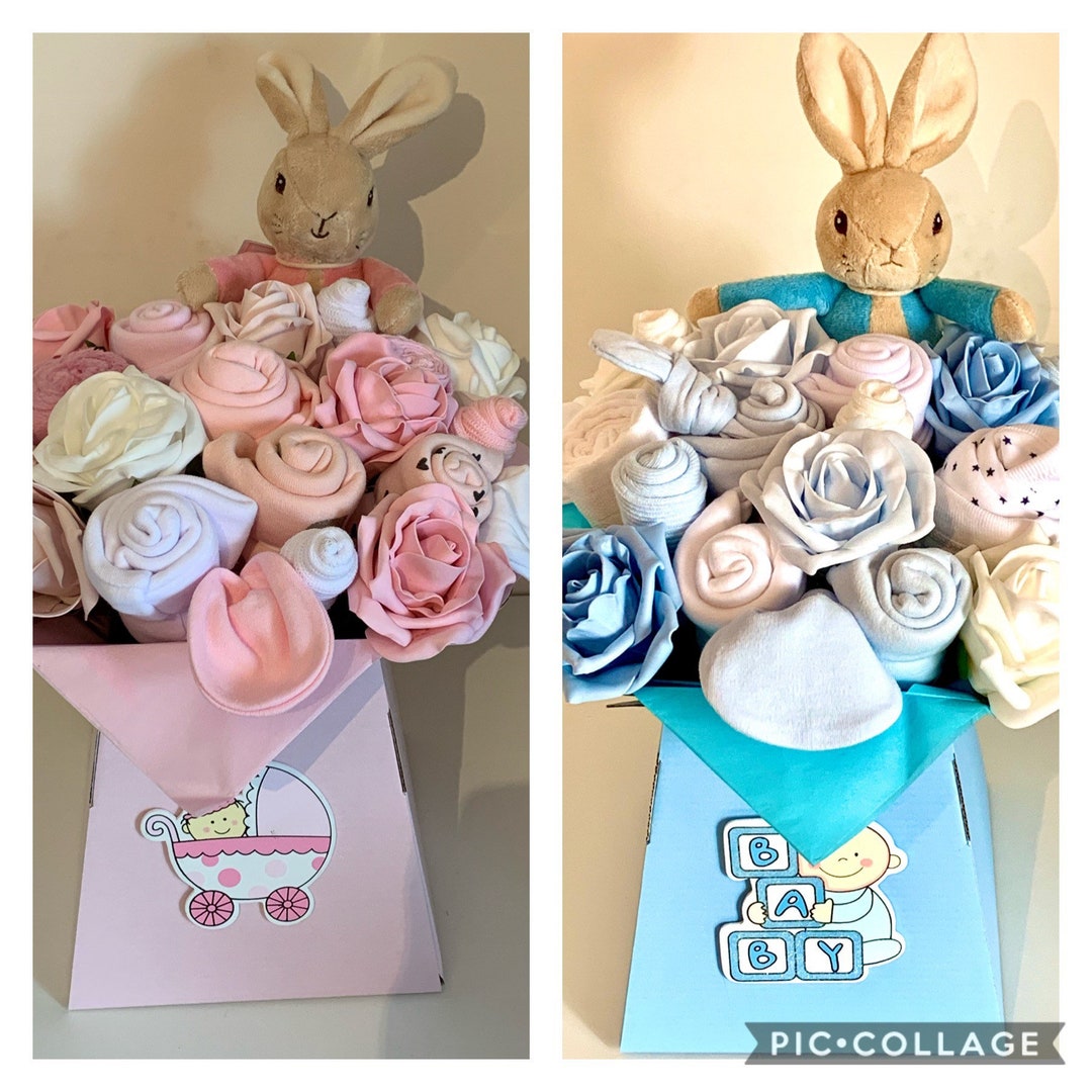 Baby clothing bouquet, new baby gift, Peter rabbit, Flopsy Bunny baby