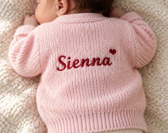 Personalised Baby Cardigan, Embroidered Custom Name, Baby Shower Present, Knitted Newborn Gift