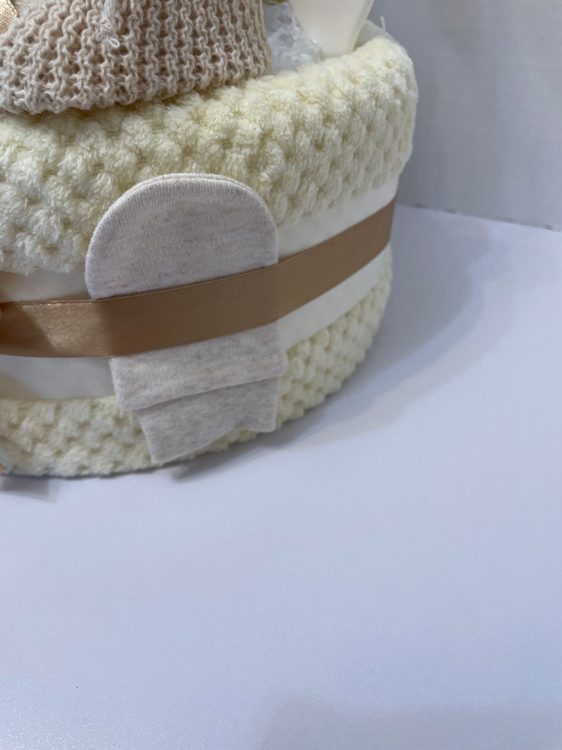 Neutral Nappy Cake, baby shower gift, unisex nappy cake, cream baby gift, nutbrown hare, Easter rabbit gift, new baby gift image 5