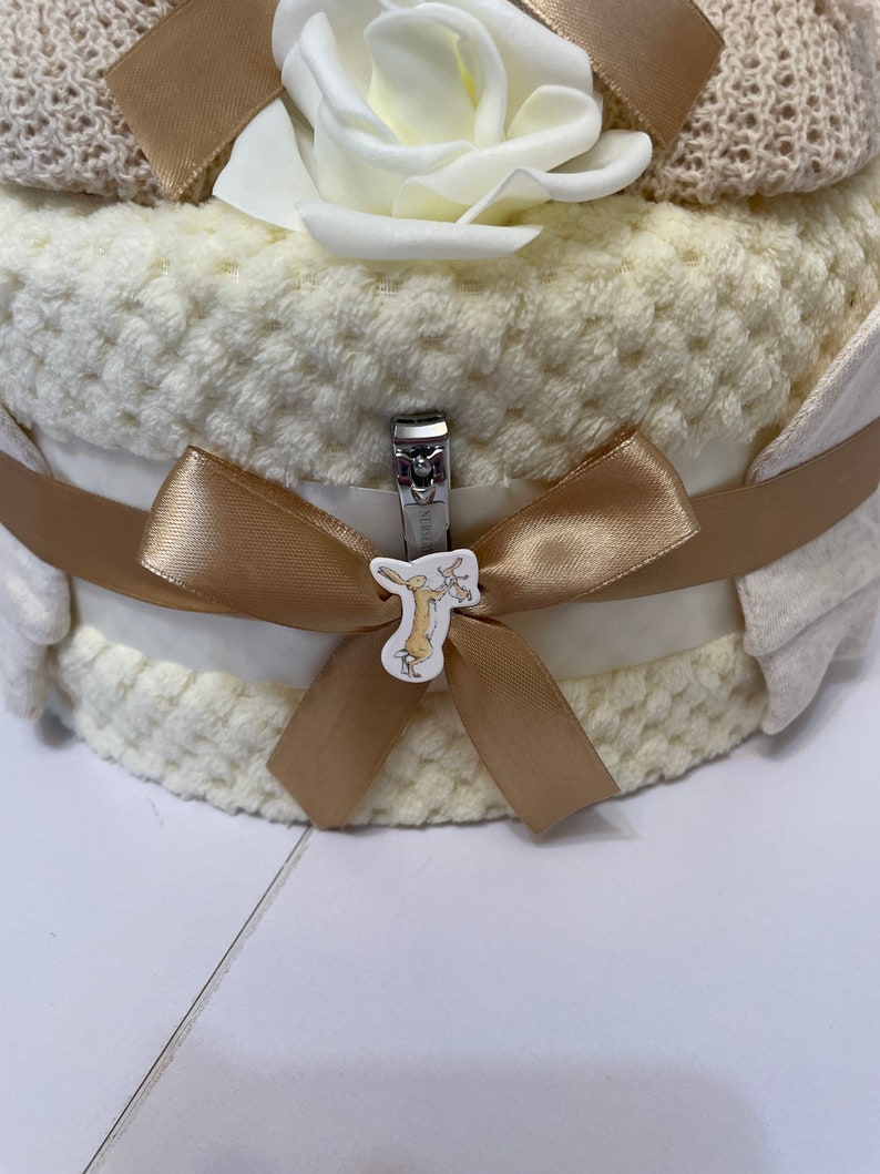 Neutral Nappy Cake, baby shower gift, unisex nappy cake, cream baby gift, nutbrown hare, Easter rabbit gift, new baby gift image 4