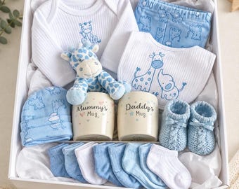 Deluxe Baby Boy Gift Set, Safari outfit, Booties & Parent Mugs, Gift for Baby Shower