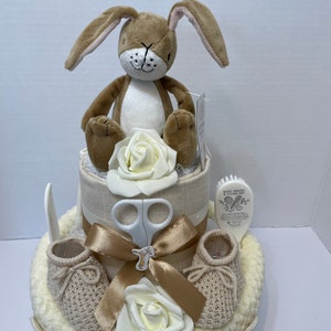 Neutral Nappy Cake, baby shower gift, unisex nappy cake, cream baby gift, nutbrown hare, Easter rabbit gift, new baby gift image 10