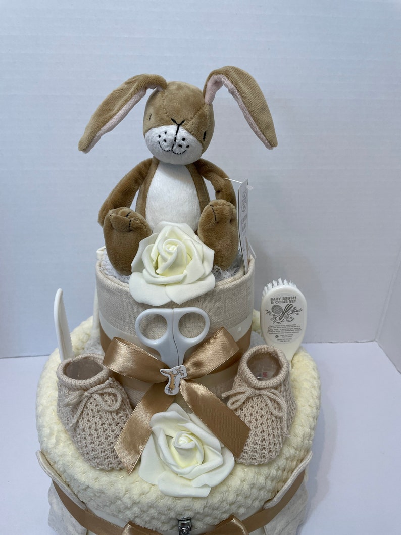 Neutral Nappy Cake, baby shower gift, unisex nappy cake, cream baby gift, nutbrown hare, Easter rabbit gift, new baby gift image 10