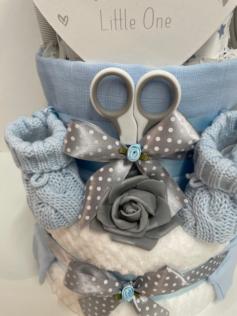 baby boy nappy cake, blue baby shower gift, new baby gift hamper, gift for new mum, newborn hamper, pregnancy gift, baby boy hamper image 9