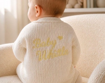 Knitted Personalised Baby Cardigan, Embroidered Custom Name, Baby Shower Present, Newborn Gift