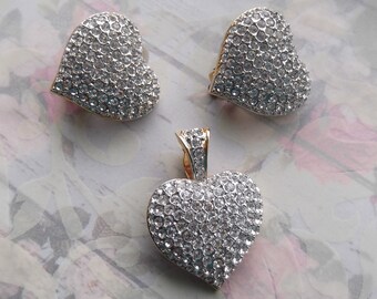 Vintage Rhinestone Heart Earrings and Necklace