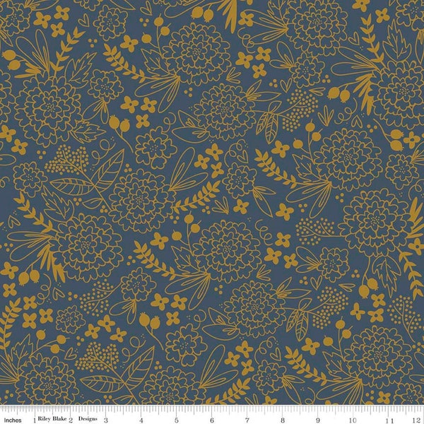 Navy Quilt Fabric with gold floral print by Jen Allyson My Mind's Eye for Riley Blake Designs