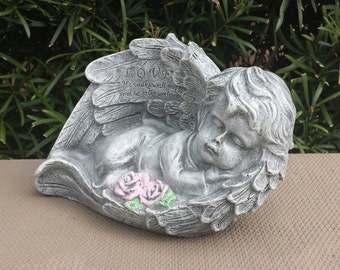 Sleeping Angel Cherub with LOVE Inscription Handmade and Hand Painted Concrete Garden Statue