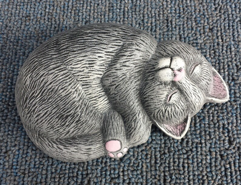 gray Handmade and Hand Painted Concrete Garden Statue Sleeping Cat Kitten