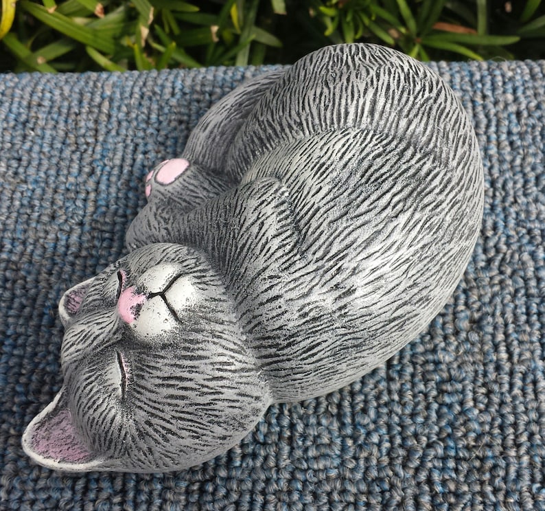 gray Handmade and Hand Painted Concrete Garden Statue Sleeping Cat Kitten