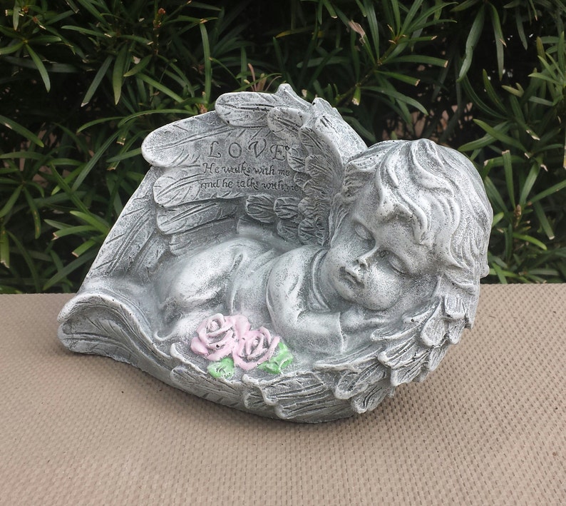 Sleeping Angel Cherub with LOVE Inscription Handmade and Hand Painted Concrete Garden Statue
