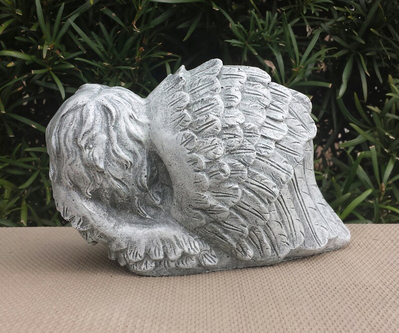 Sleeping Angel Cherub with LOVE Inscription Handmade and Hand Painted Concrete Garden Statue