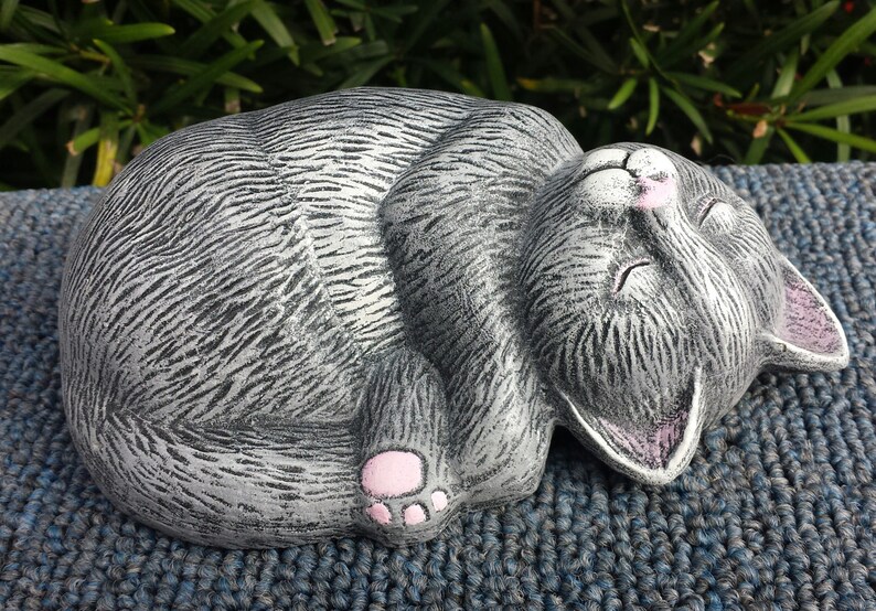 gray Handmade and Hand Painted Concrete Garden Statue Sleeping Cat Kitten
