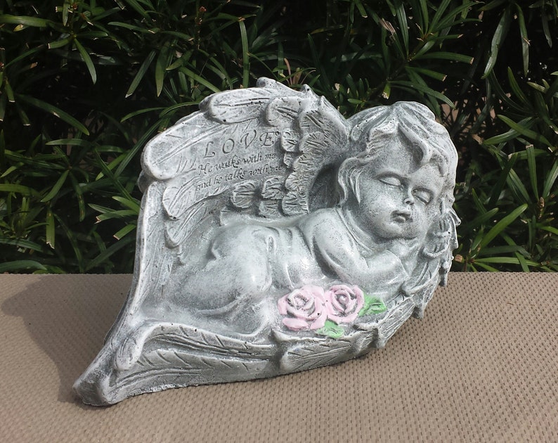 Sleeping Angel Cherub with LOVE Inscription Handmade and Hand Painted Concrete Garden Statue