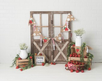 Farmhouse Doors Strawberry Photography Digital Backdrop