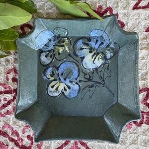 Handmade Pottery Trinket Dish: Blue Floral Design
