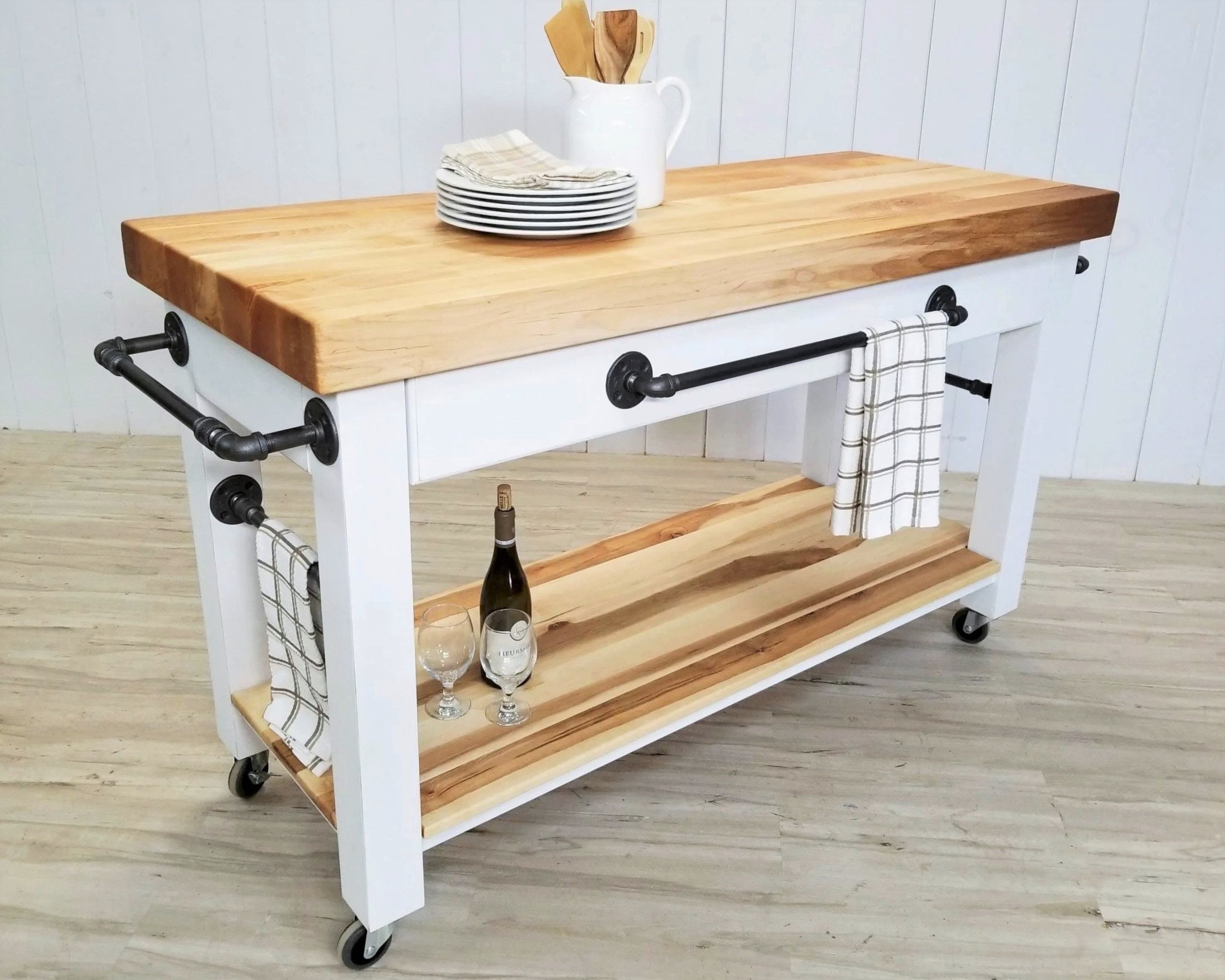 Industrial Butcher Block Kitchen Island Cart Maple Steel Etsy