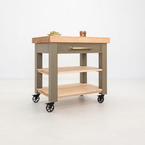 CHEF Butcher Block Kitchen Island Cart – 3" Maple Top, Custom Painted Base, Rolling Option