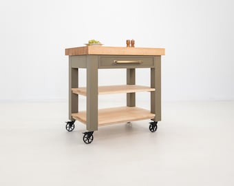CHEF Butcher Block Kitchen Island Cart – 3" Maple Top, Custom Painted Base, Rolling Option