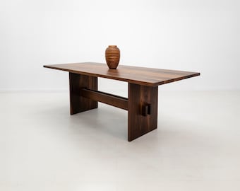 DUKE Wood Trestle Dining Table – Plank Top, Mortise & Tenon Joinery, Slab Legs (Walnut/Oak)