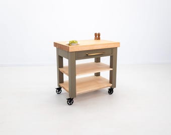 Custom CHEF Butcher Block Island or Cart – 3&quot; Maple Top, Painted Base, Rolling Option, Custom Hardware