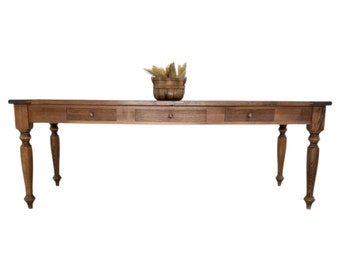 Custom Farmhouse Table ETTA - Turned Legs & Antique Style, Shaker Drawers, Custom Sizing - Rustic Elegance for Home