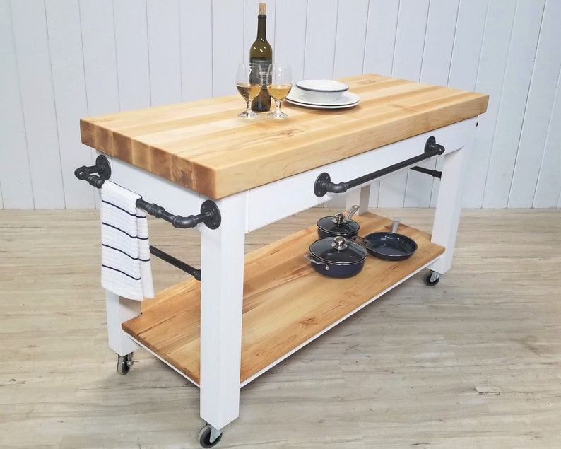 Chef's Maple Butcher Block Island Cart Rolling Food Prep Etsy