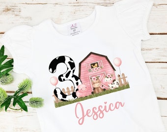 Personalized Farm Birthday Girl Shirt: Barnyard Animals, Ruffle Sleeve