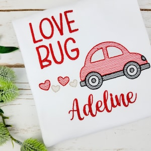 Love Bug Valentine Shirt: Embroidered Red Car, Personalized Girl Outfit
