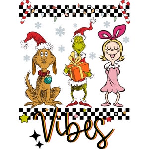 Könnte beinhalten: Eine Weihnachts-Illustration mit dem Grinch, der ein Geschenk hält, Cindy Lou Who und Max dem Hund. Die Figuren stehen auf einem karierten Muster mit den Worten "Christmas Vibes" in einer Retro-Schrift.