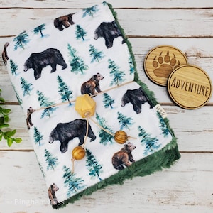 Forest Bear Minky Baby Blanket: Handmade Crib Blanket (27x35)