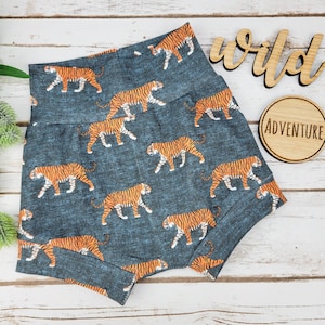 Navy Tiger High Waisted Bummies, Shorties, Baby Bloomers, Toddler Shorts, Baby Shorts, Diaper Cover, Organic Diaper Cover, Organic