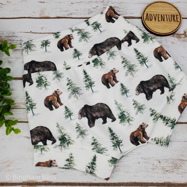 Forest Bear High Waisted Bummies, Shorties, Baby Bloomers, Toddler Shorts, Baby Shorts, Diaper Cover, Baby Bummies, Organic Shorties