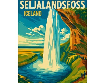 Iceland Waterfall Art Print, Vintage Travel Poster, Nature Wall Decor
