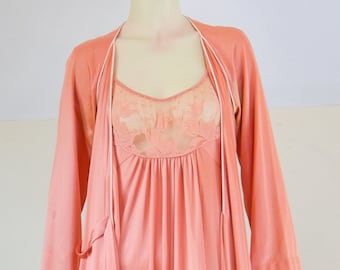 70s Blush Pink Nightgown & Robe Size XS, Sheer Lace I Magnin Lingerie Set