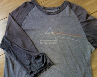 Vintage distressed Pink Floyd t shirt large XL, super worn in, thin, soft faded black 90s baseball tee, Dark Side of the Moon rock & roll