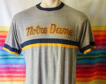 Vintage super worn in Notre Dame t shirt large medium super soft faded grey 70s 80s stripe ringer tee