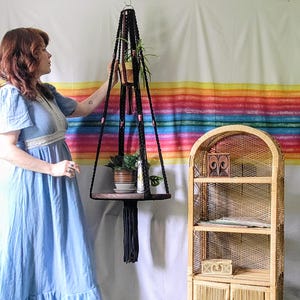 Macrame Hanging Table: 2-Tier Plant Shelf with Vintage Beads