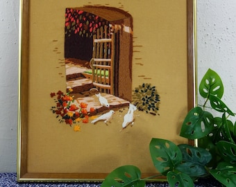 Vintage Framed Crewel Art: Floral Doves at Farmhouse Cottage Gate