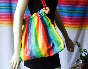 Rainbow stripe purse w/ wood handle, 70s vintage groovy hippie shoulder bag perfect for Pride by Carbetbags of America, slouchy hobo handbag