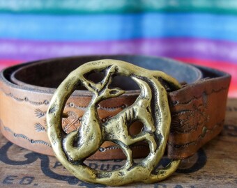 70s belt with Capricorn buckle 32-39" waist medium large, tooled leather & brass vintage astrology accessories, handmade zodiac hippie style