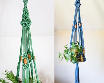 Macrame plant hanger 4 1/2 foot long pastel sage green or steel blue hanging planter, vintage style hippie aesthetic for 70s home decor