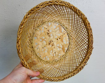 Round rattan basket 10" wide and low entryway or fruit bowl, vintage wall hanging basket for dining table or farmhouse decor woven wicker